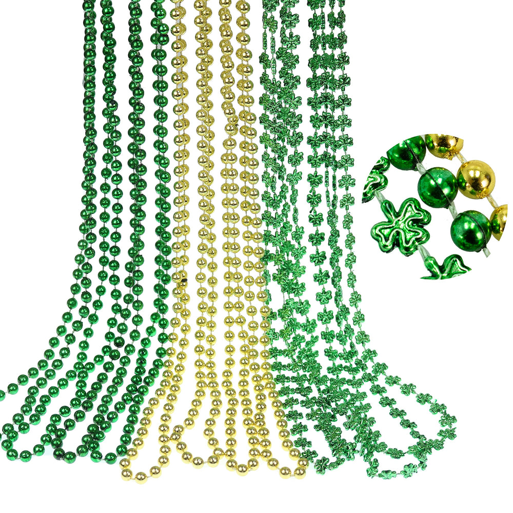 GiftExpress 12-pack green-gold-shamrock beads ready for St. Patrick's Day festivities.