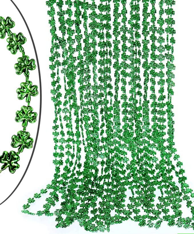 GiftExpress green shamrock necklace closeup shows vibrant 33-inch beads for festive wear.