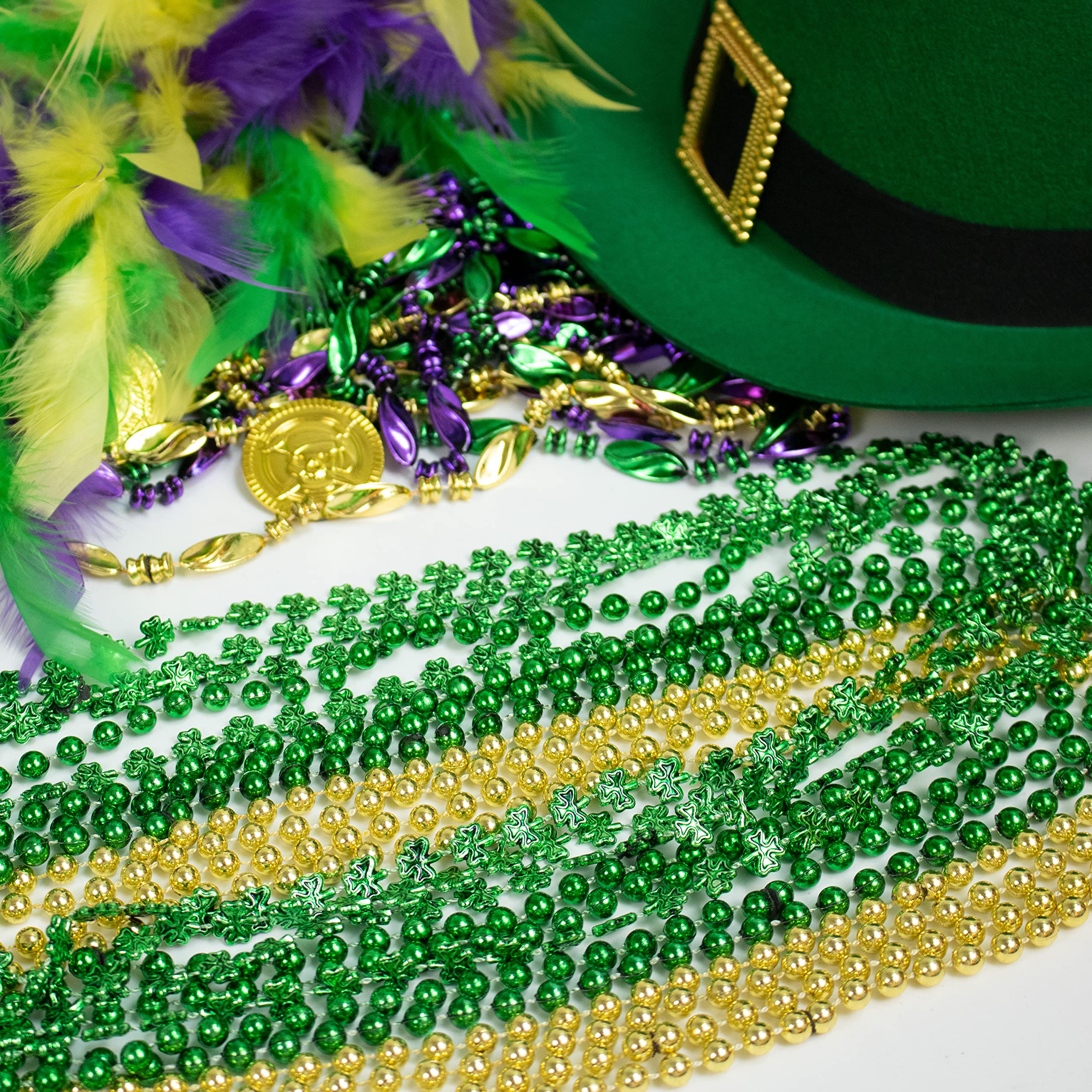 GiftExpress St Patrick's Day beads on display for festive wear.