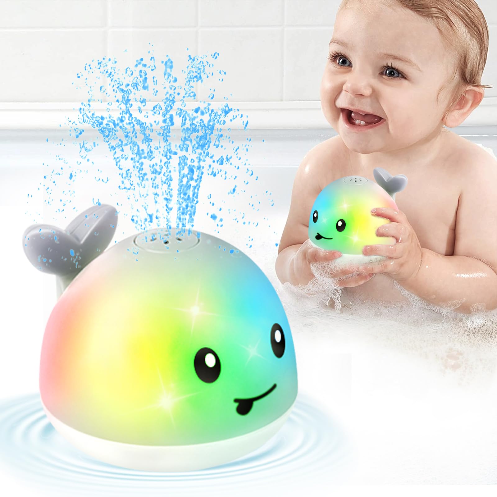 Gigilli Whale Bath Toy Sprinkler front view with bright spray for bath time