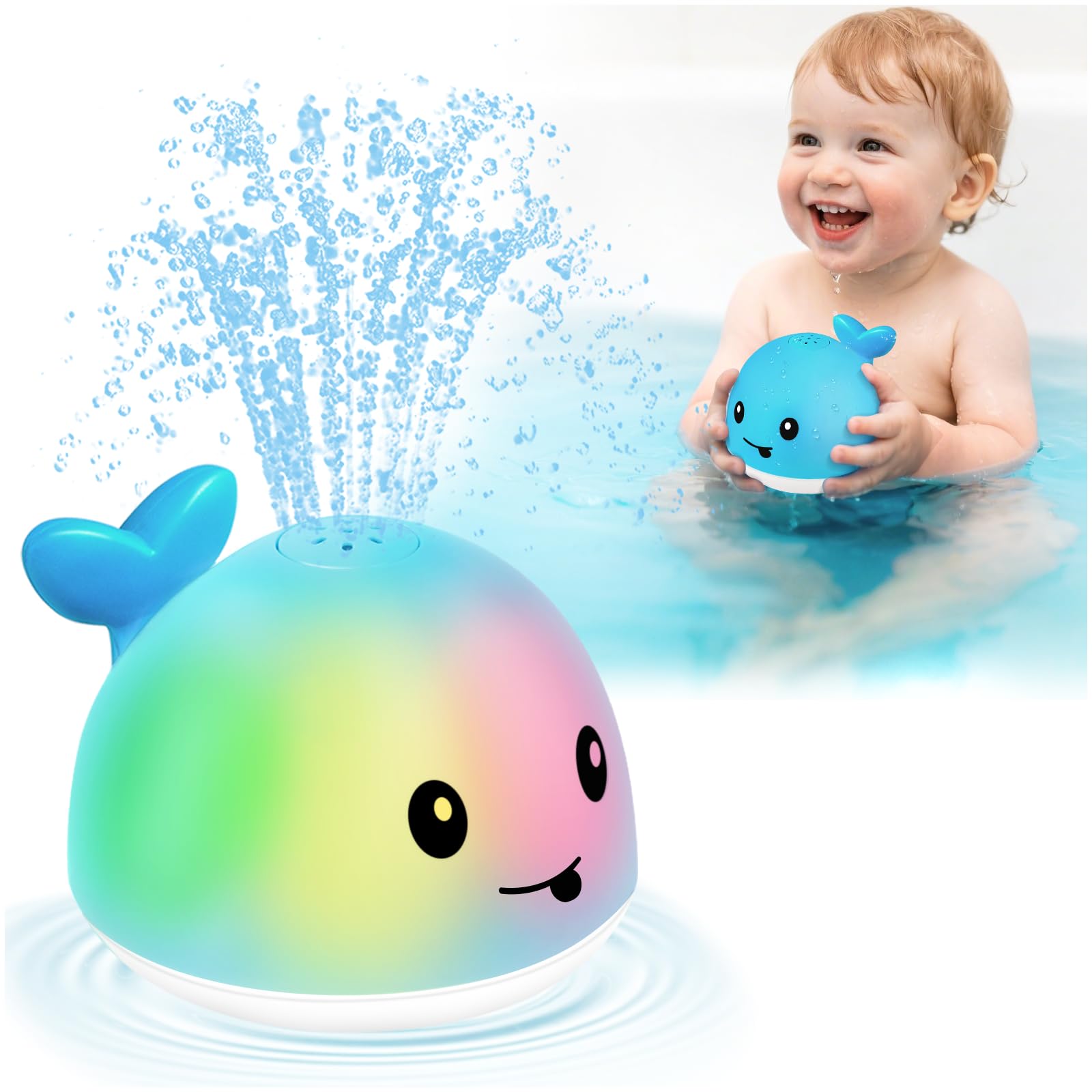Gigilli whale bath toy sprinkler in tub spraying water for toddlers.
