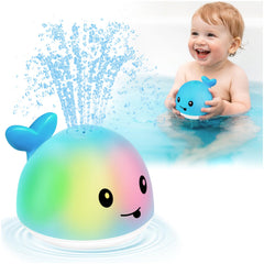 Gigilli whale bath toy sprinkler in tub spraying water for toddlers.