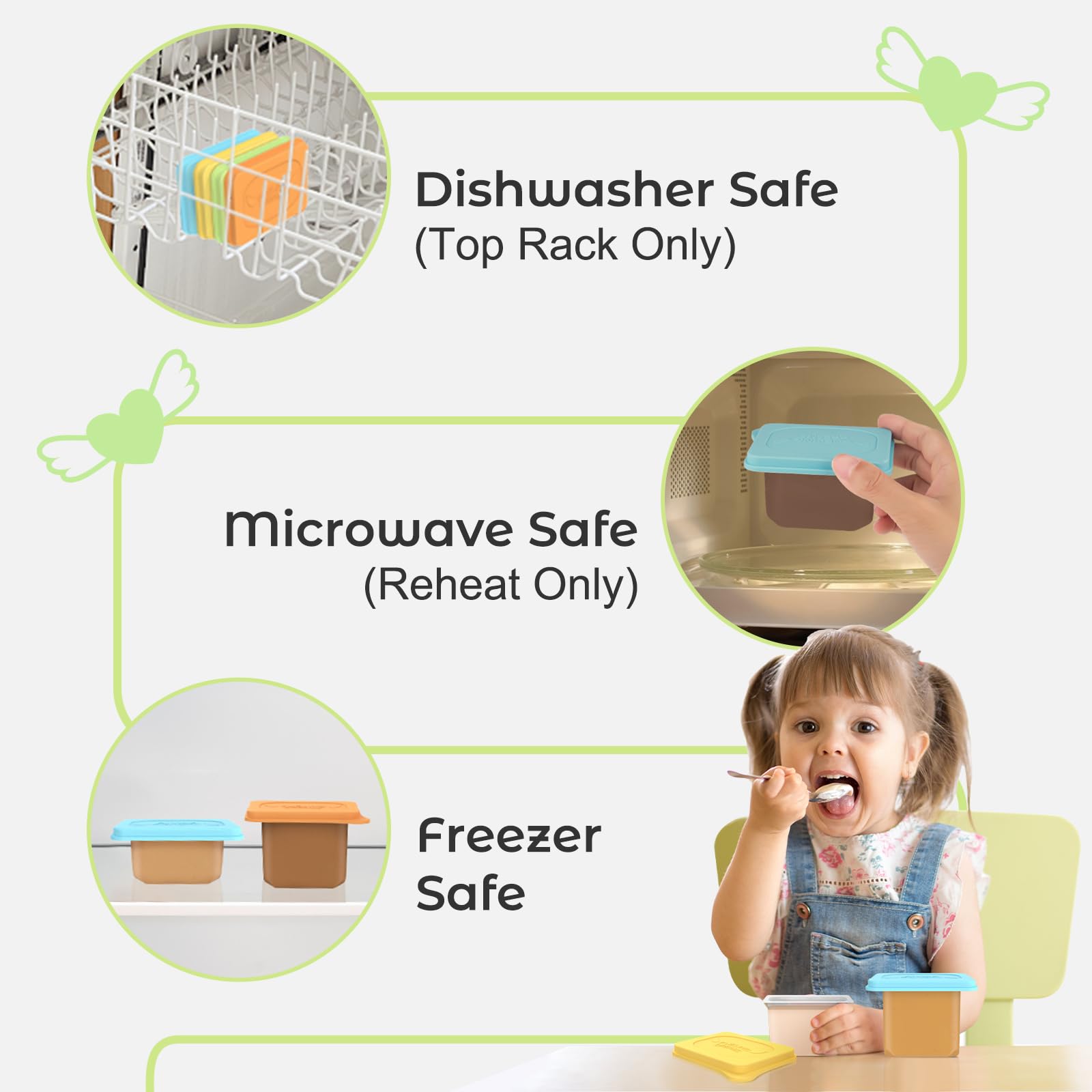 Reusable storage lids help organize baby food at home and trips.