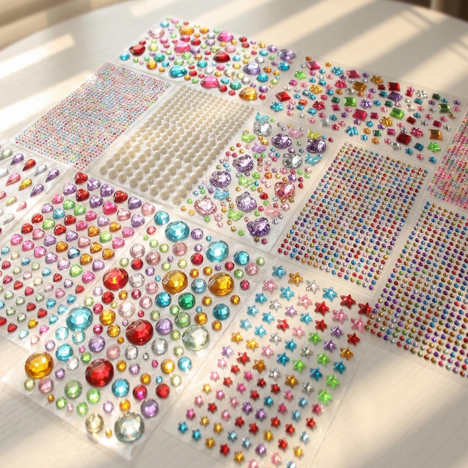 Gikboup 3,521-piece self-adhesive jewels on craft sheets for easy decorating.
