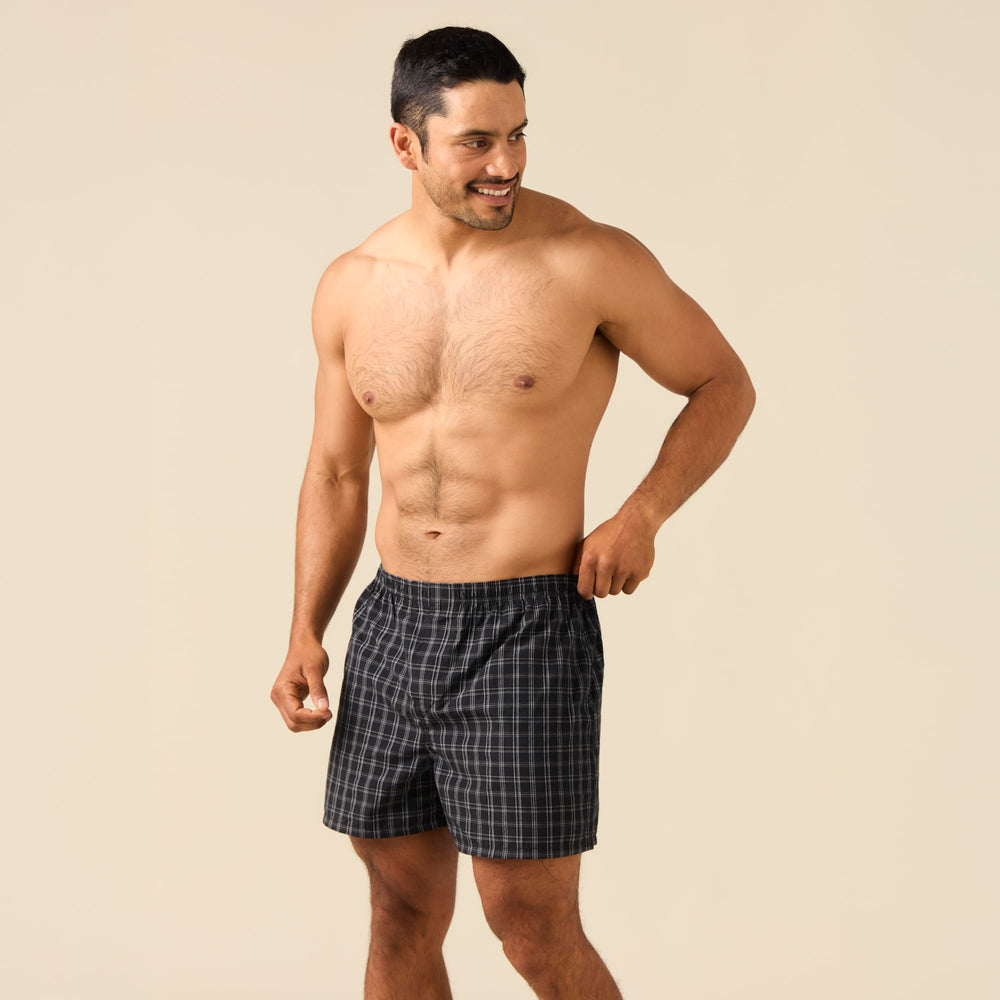 Gildan boxers multi-pack in black stripes showing versatile daily wear.
