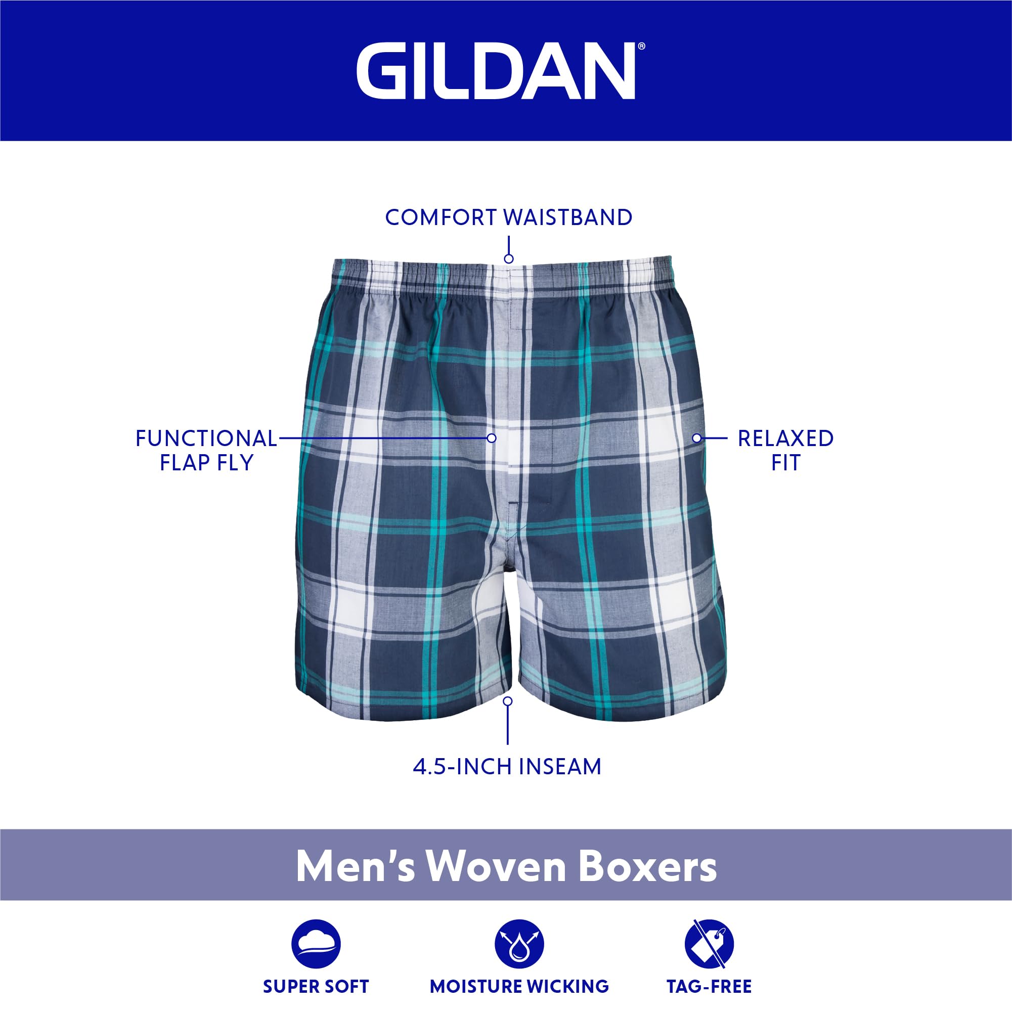 Gildan men's boxers elastic waistband with flap fly for secure daily wear.