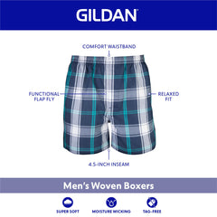 Gildan men's boxers elastic waistband with flap fly for secure daily wear.