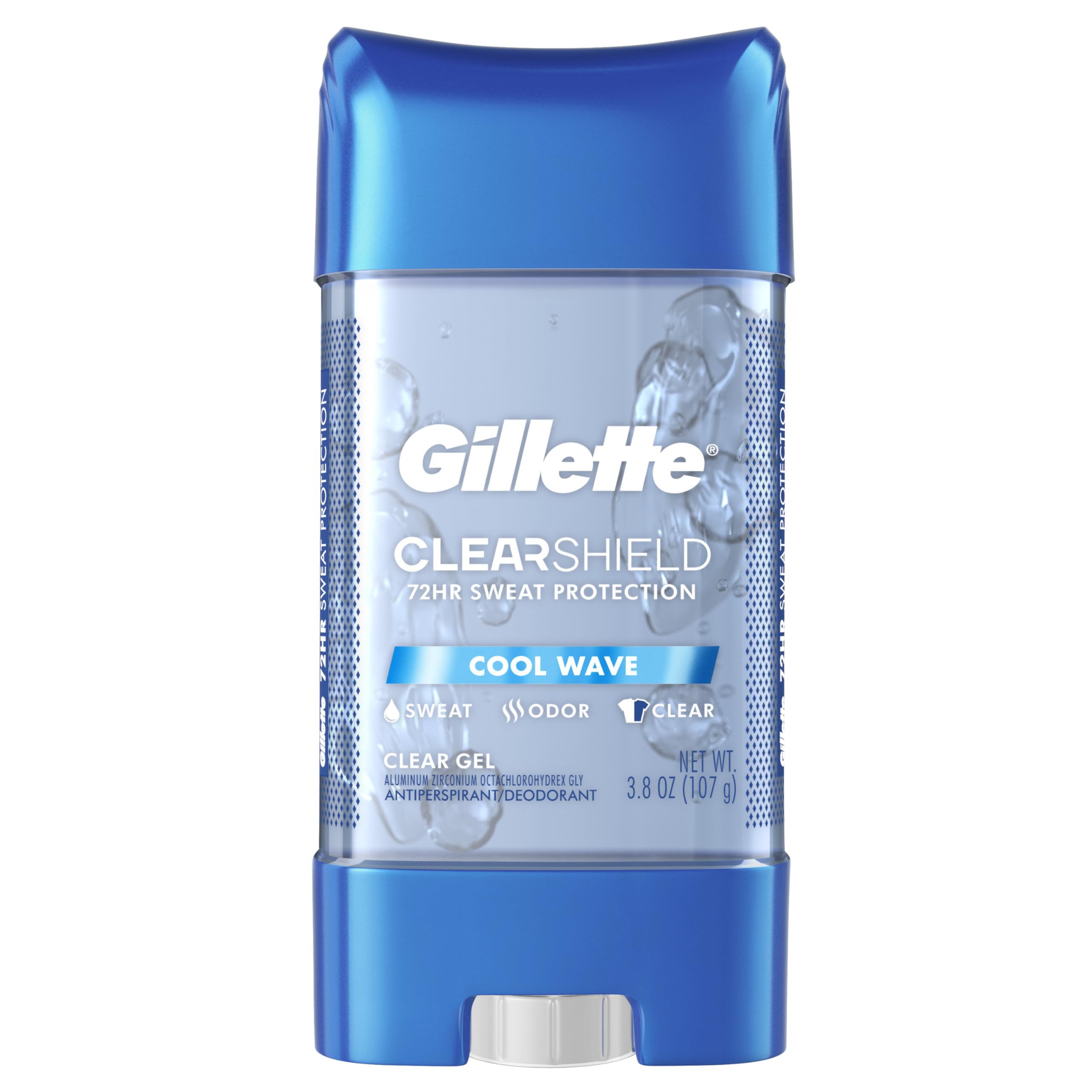 Gillette Advanced Clear Gel Cool Wave front-pack shot showing a five-pack of 3.8 oz cans