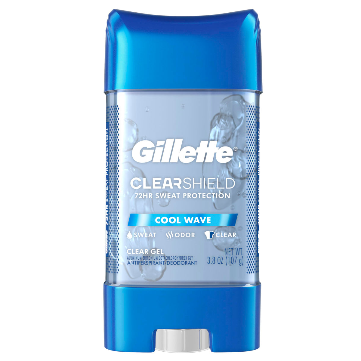 Gillette Advanced Clear Gel Cool Wave front-pack shot showing a five-pack of 3.8 oz cans