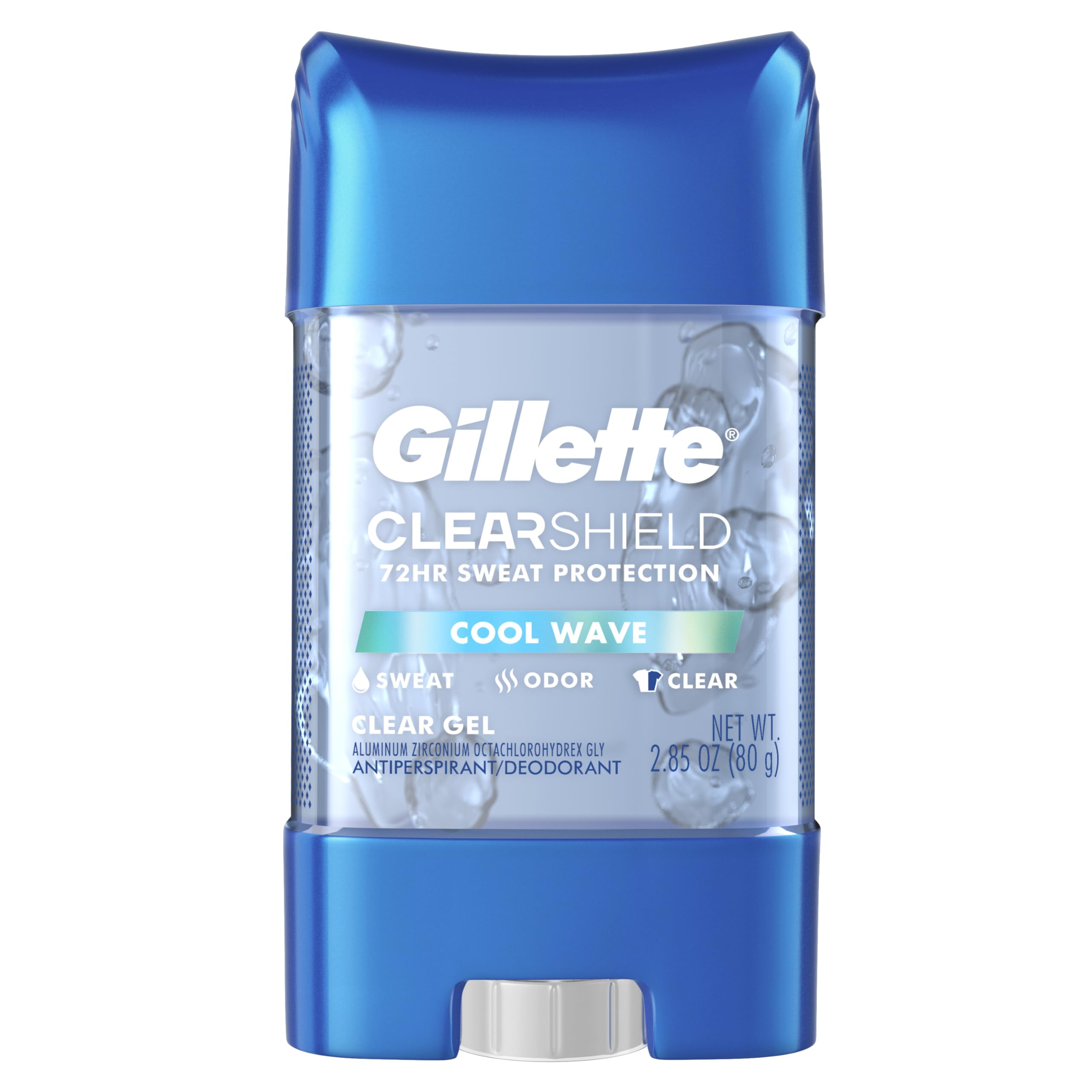 Gillette clear gel antiperspirant bottle with Cool Wave scent offering all-day freshness.