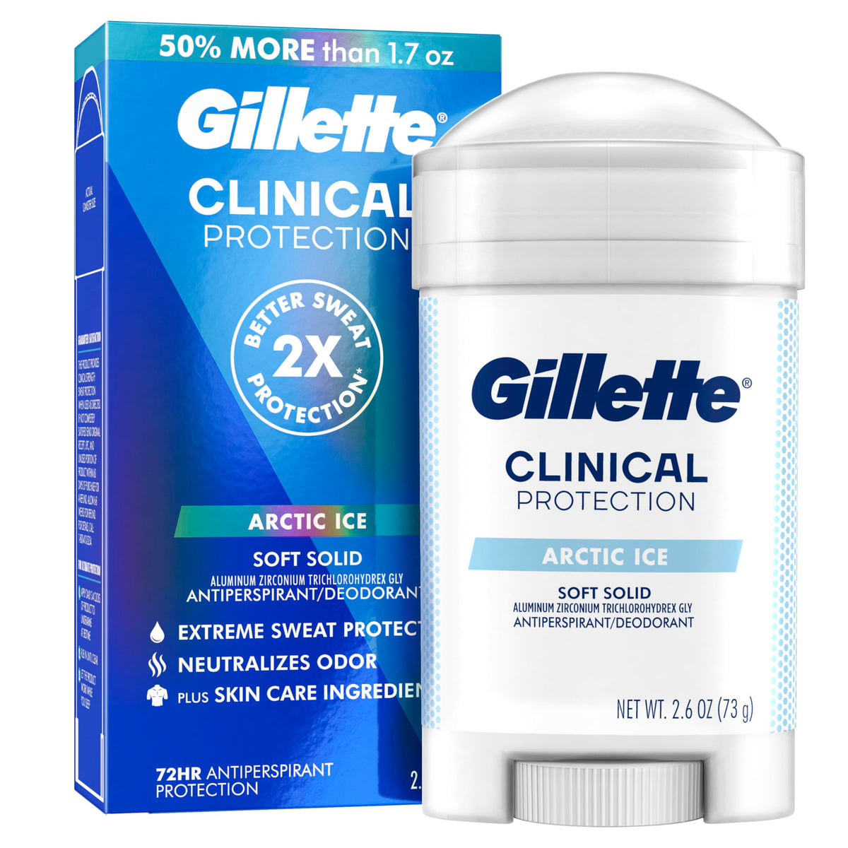 Gillette Clinical Arctic Ice soft solid packaging showcases modern design for all-day protection.