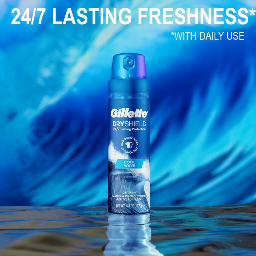 Label close-up on Gillette Dry Spray can showing Cool Wave