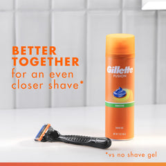 Gillette Fusion5 Ultra Sensitive Gel bottle in hand during application.