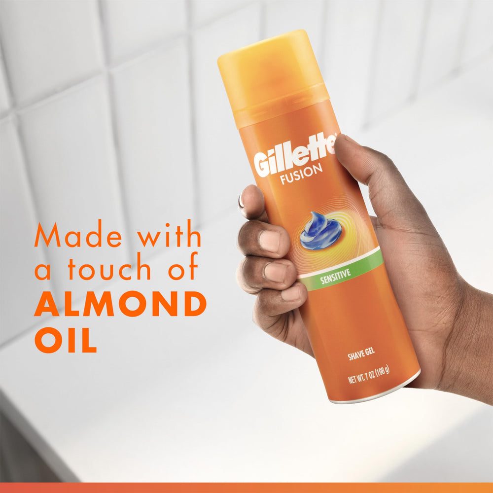 Gillette Fusion5 Ultra Sensitive Gel label-back reveals ingredients like almond oil.