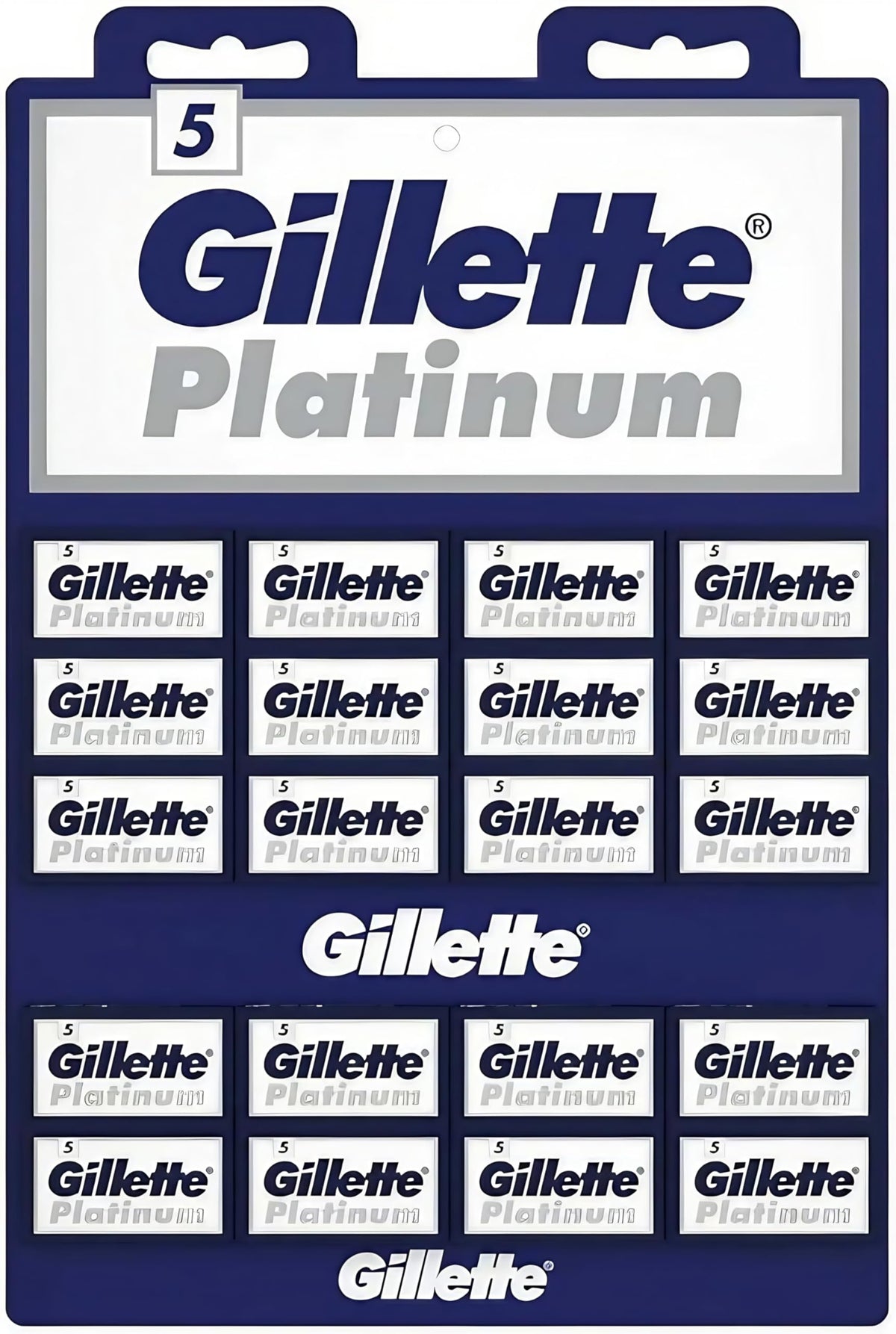 Gillette Platinum double edge blades on display card for easy restocking and quick blade selection