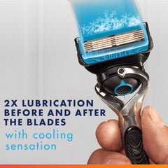Close-up of Gillette ProGlide Chill refills highlighting blue Lubrastrip cooling effect.