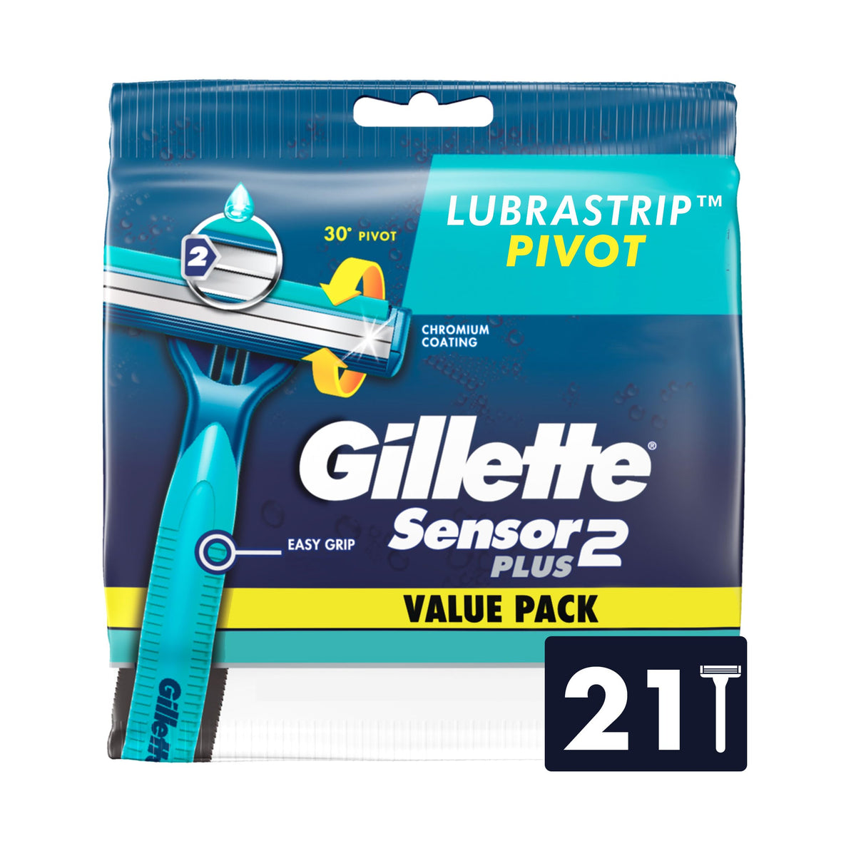 Gillette Sensor2 Plus pivoting head razor for a smooth contour-following shave.