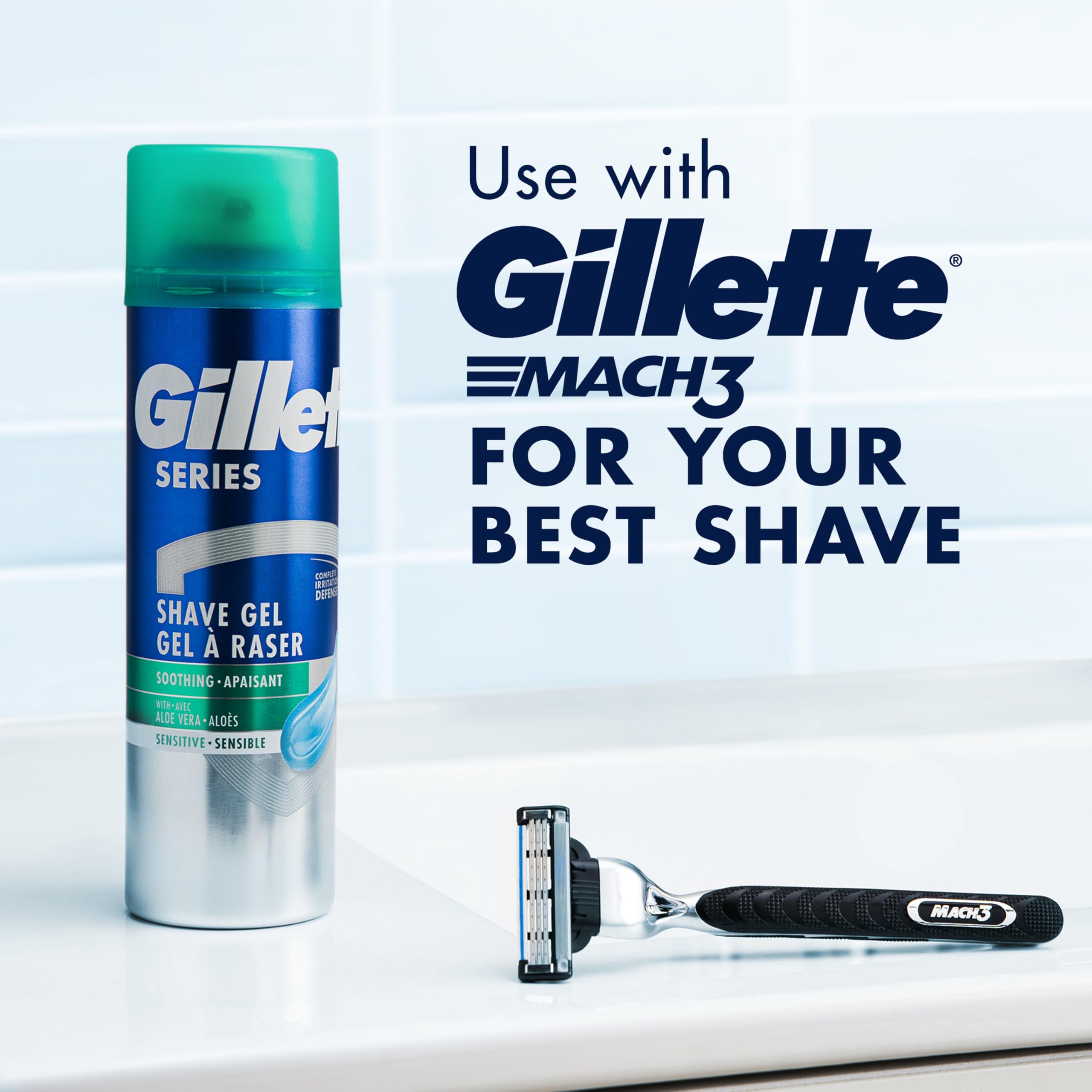 Gillette Series 3X Sensitive bottle on sink for convenient daily access.