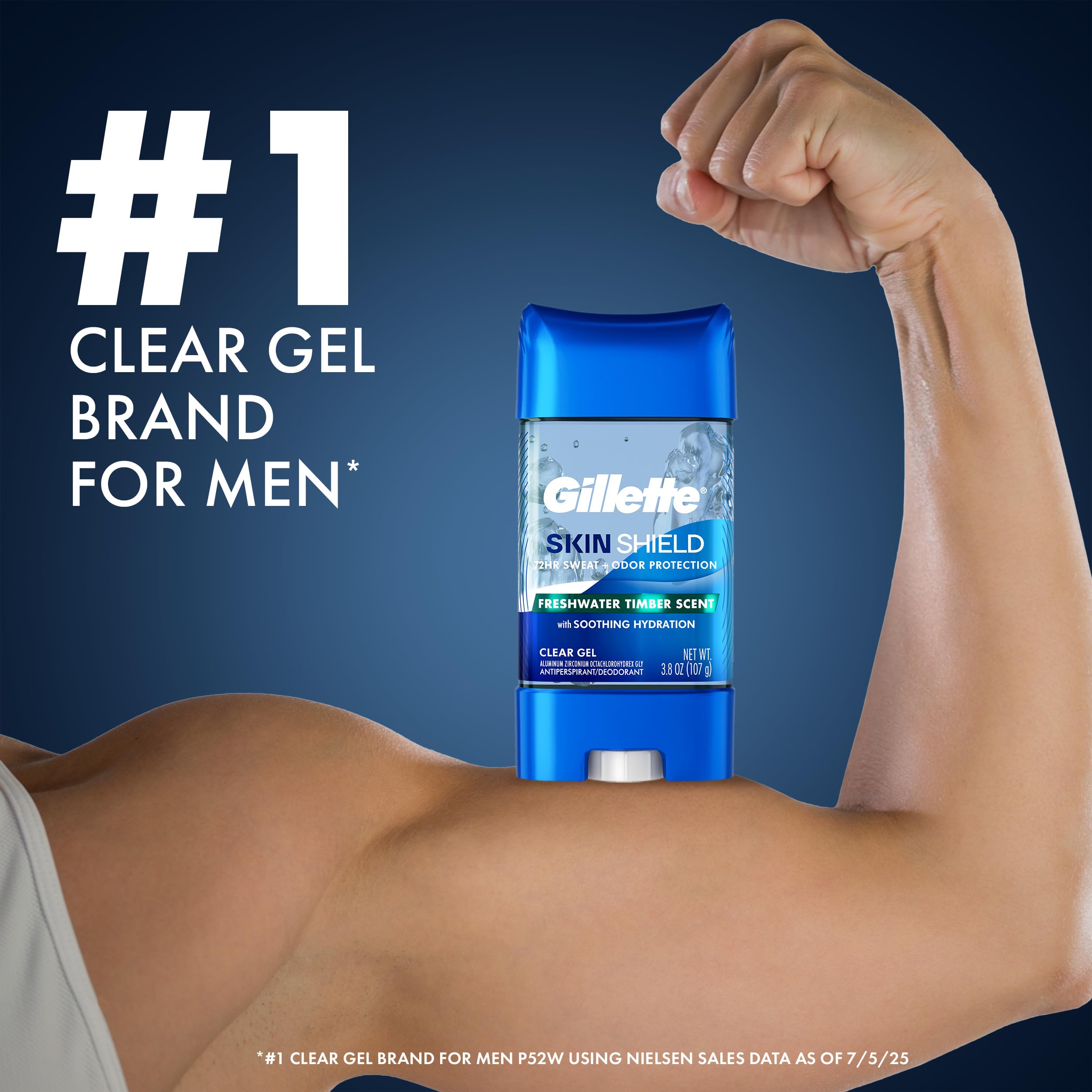 Packaging highlights 72-hour protection for Gillette SkinShield clear gel deodorant.