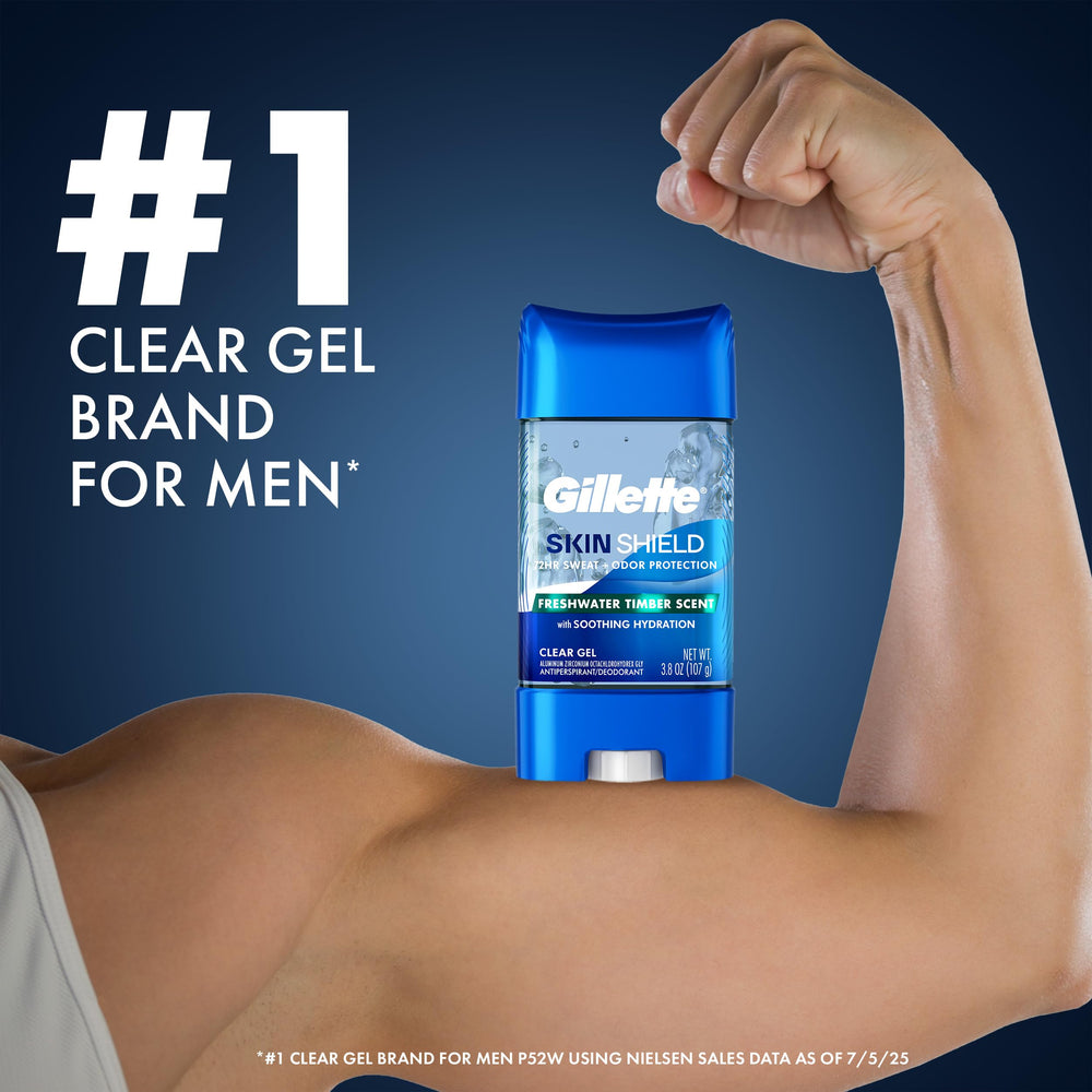 Packaging highlights 72-hour protection for Gillette SkinShield clear gel deodorant.