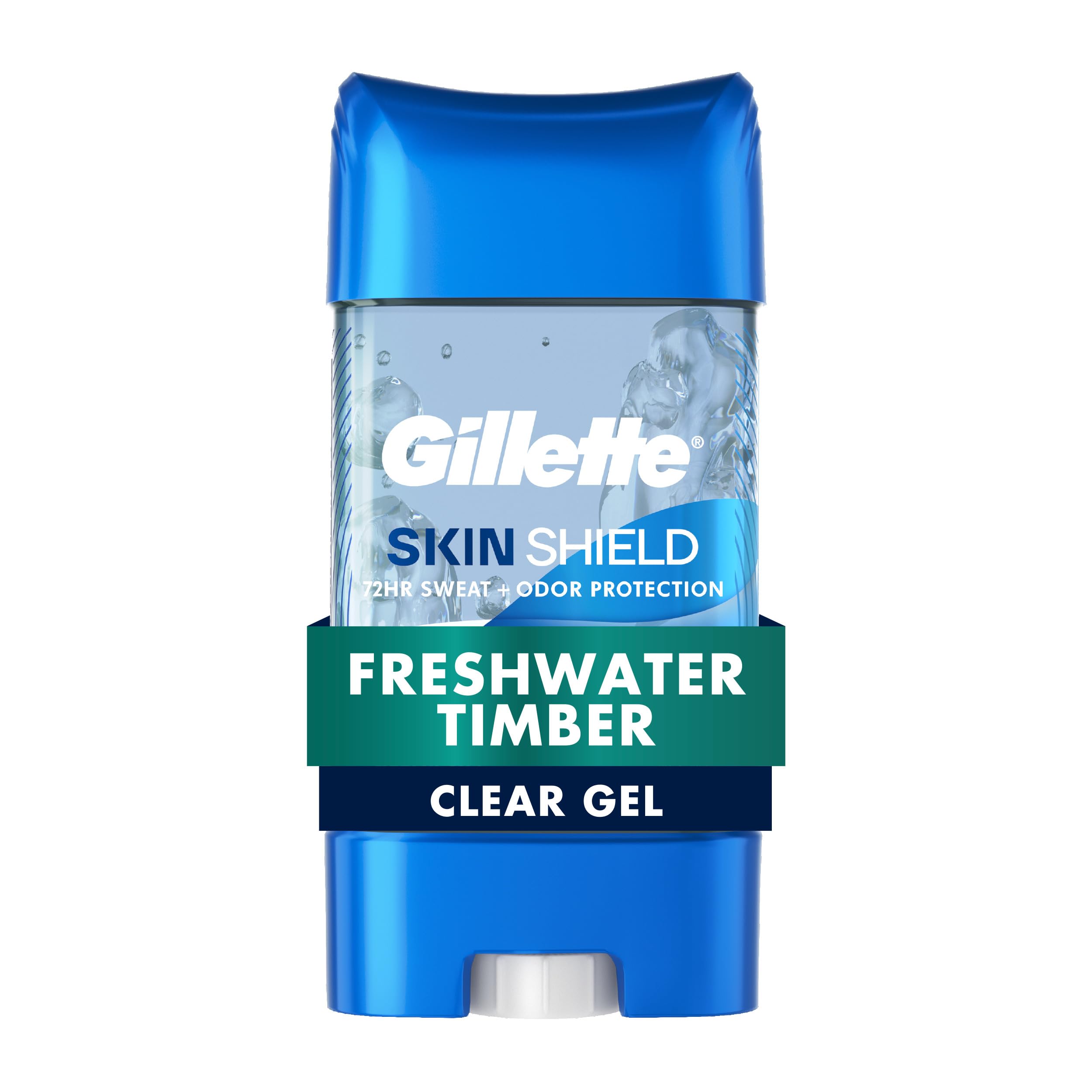 Gillette SkinShield clear gel bottle being applied for rapid sweat protection.