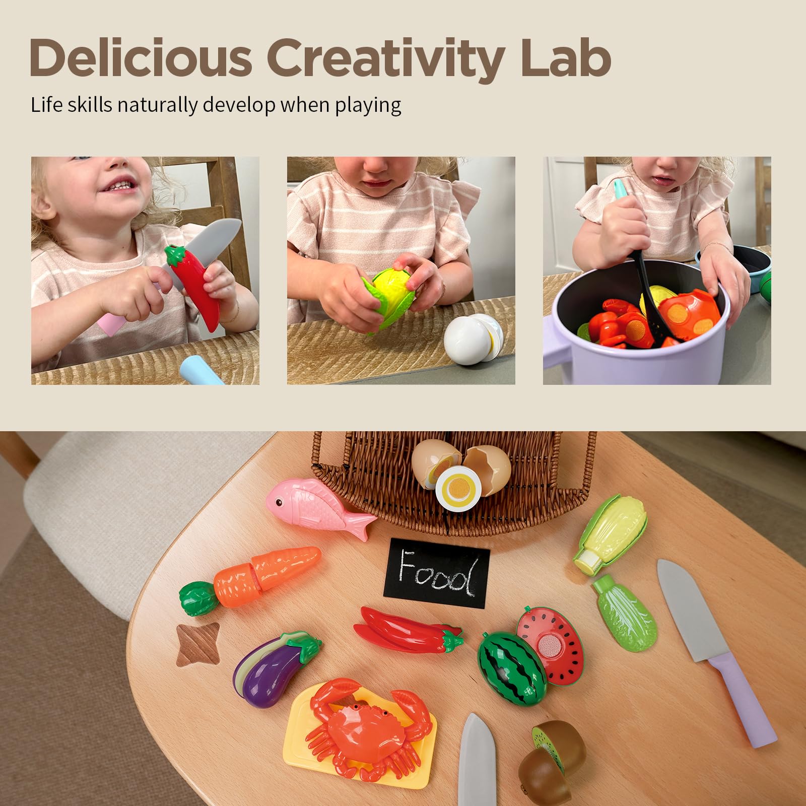 GILOBABY cutting board and knife enable safe pretend slicing.
