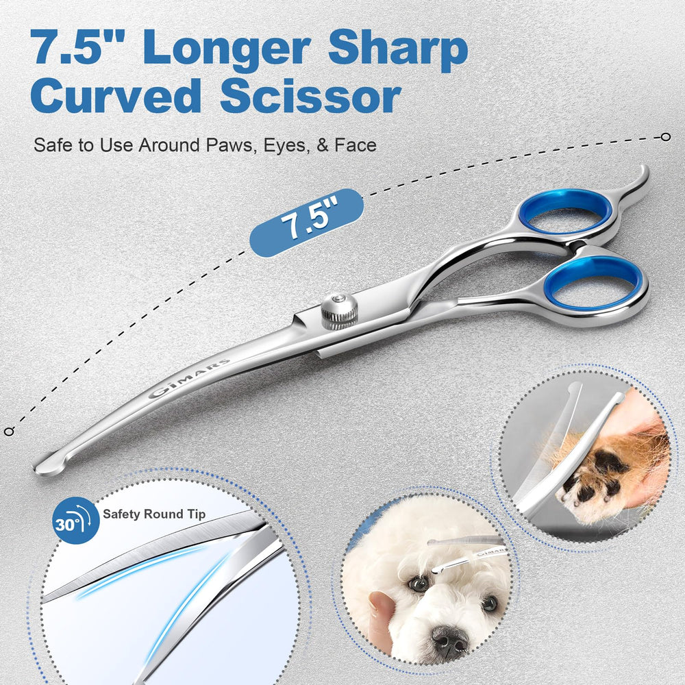 Close-up of Gimars titanium-coated straight dog scissors for smooth cuts.