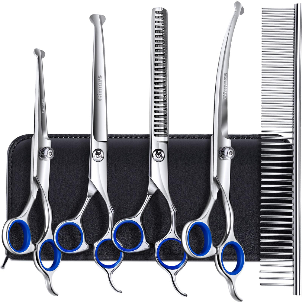 Gimars titanium-coated straight dog scissors for precise grooming cuts.