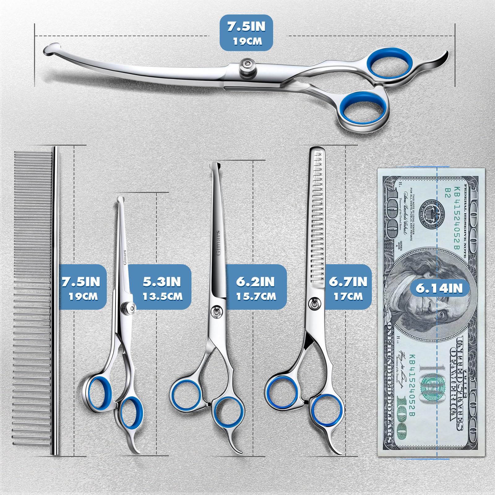 Gimars titanium-coated thinning dog scissors for even texture and reduced bulk.