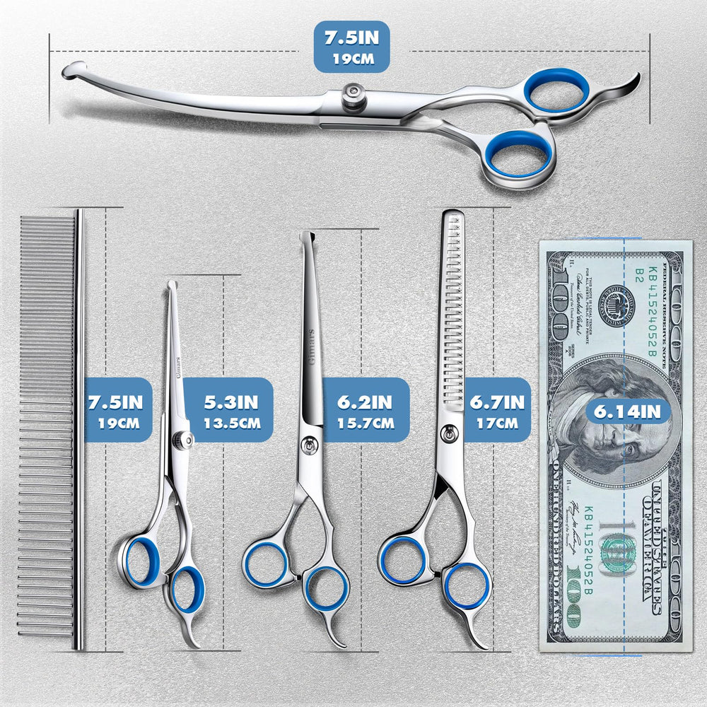 Gimars titanium-coated thinning dog scissors for even texture and reduced bulk.