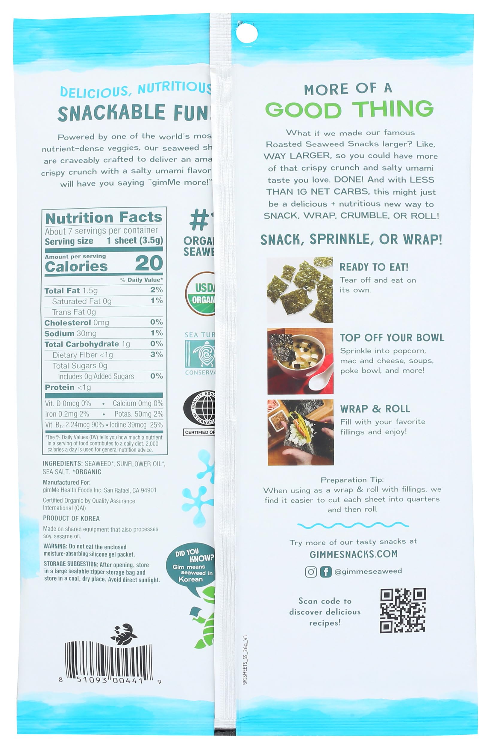 GIMME SeaSalt flavor roasted seaweed sheets for savory wraps