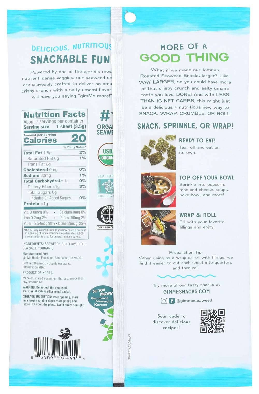 GIMME SeaSalt flavor roasted seaweed sheets for savory wraps