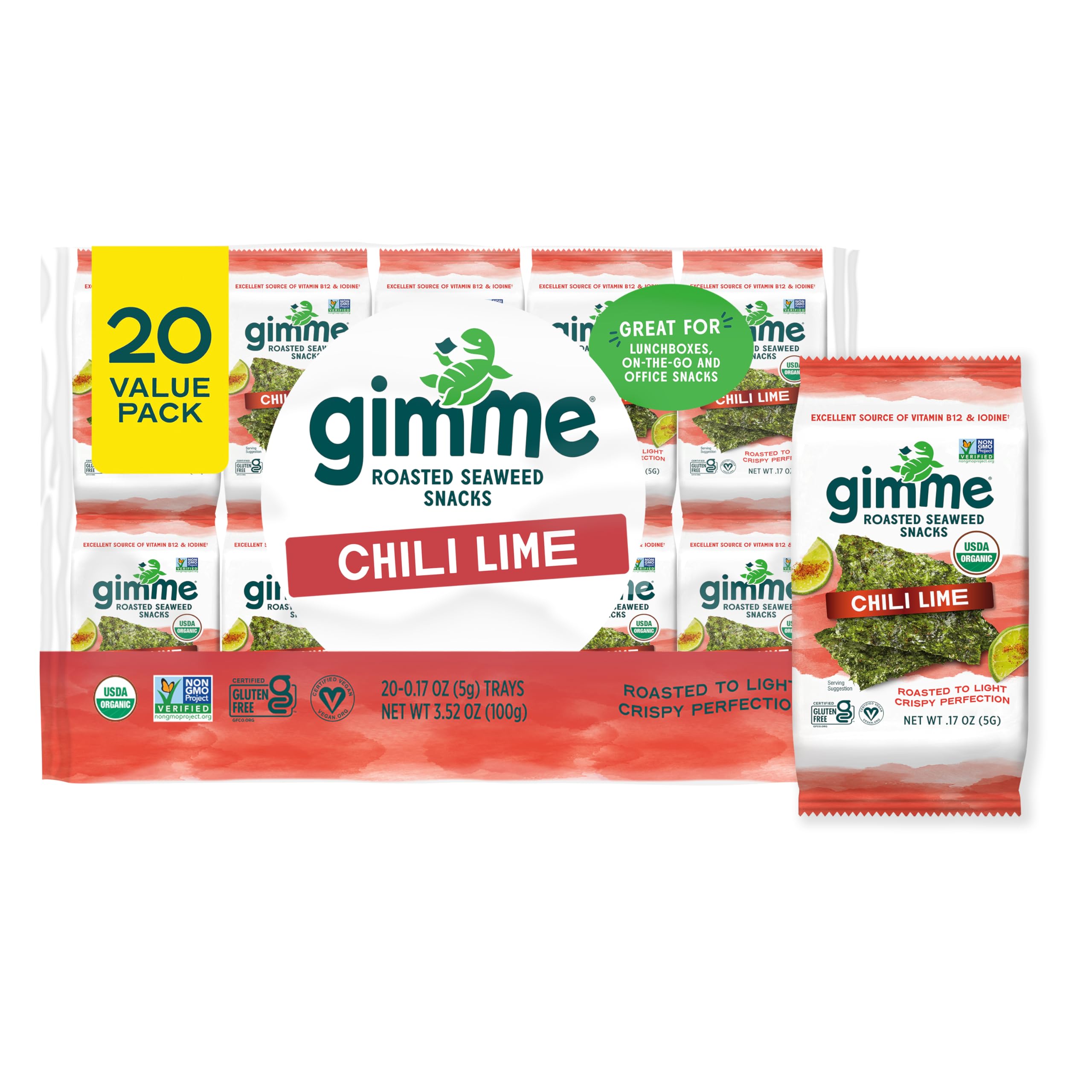 gimMe Seaweed Chili Lime pack front, keto-friendly snack ready to go.