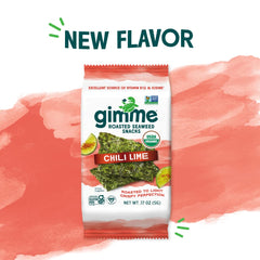 GimMe Seaweed Chili Lime snack closeup shows crispy seaweed bites.