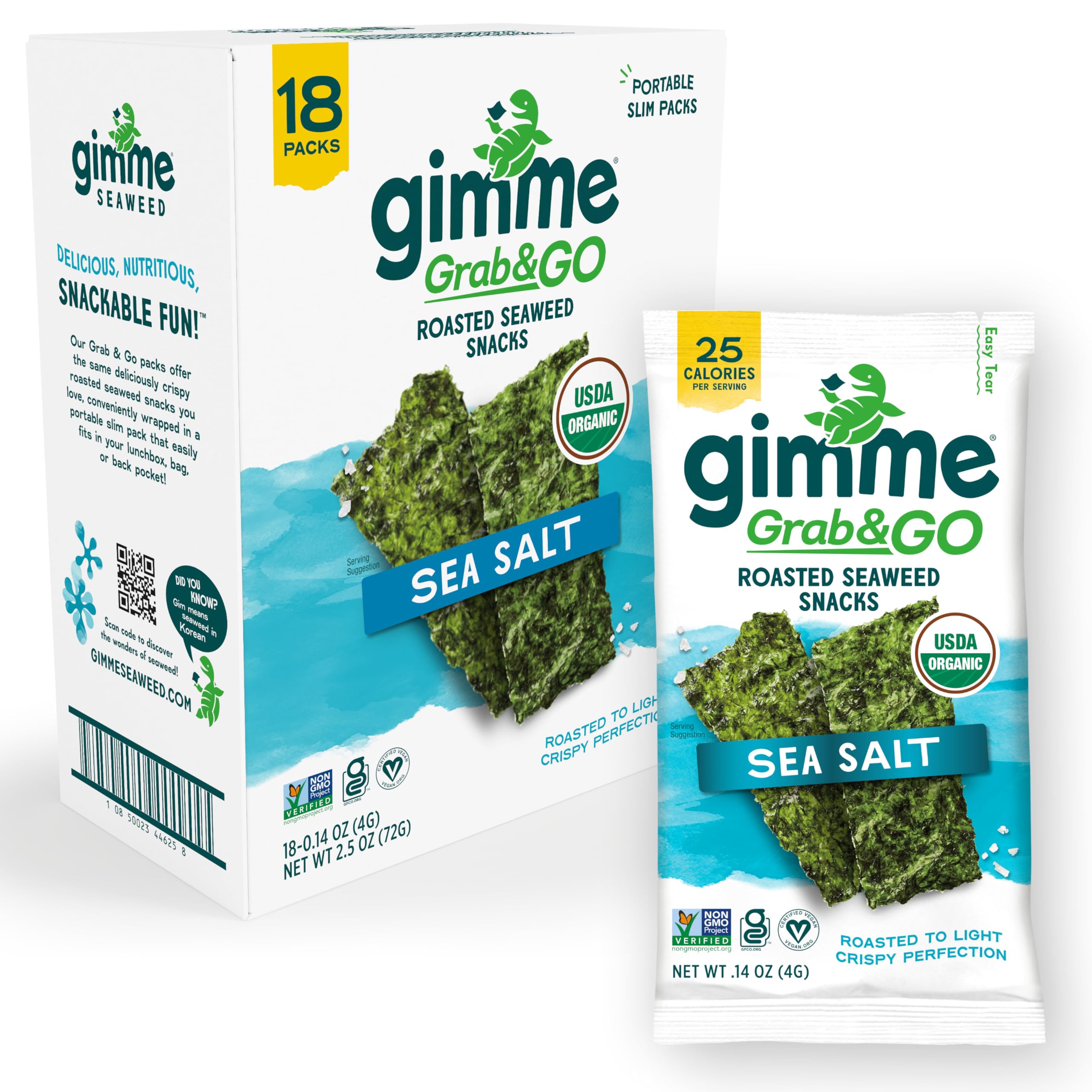 gimMe Seaweed Grab & Go sea salt packaging showing trayless convenience for on-the-go snacking