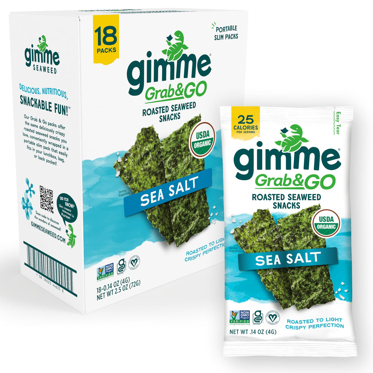 gimMe Seaweed Grab & Go sea salt packaging showing trayless convenience for on-the-go snacking
