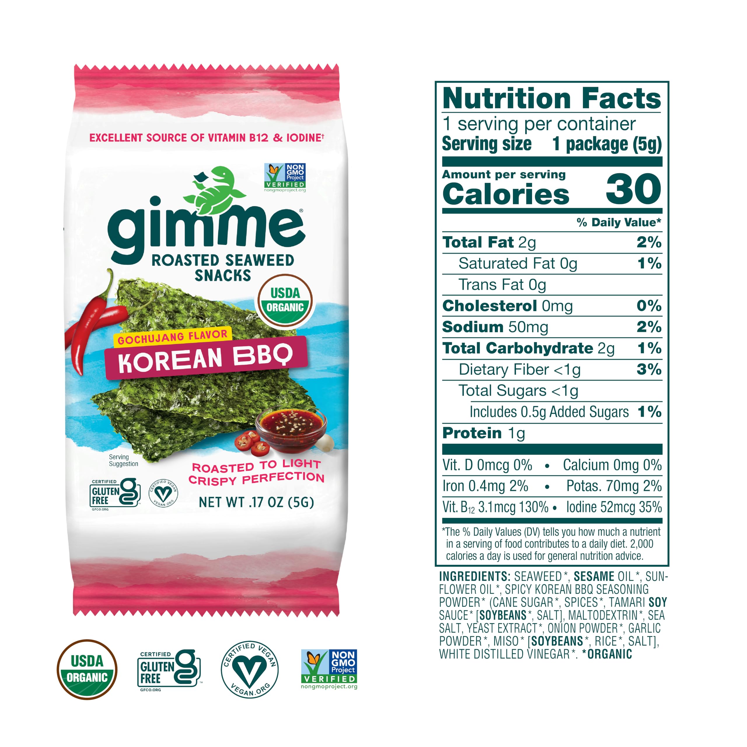 gimMe Seaweed Organic crispy snack: keto-friendly and vegan option.