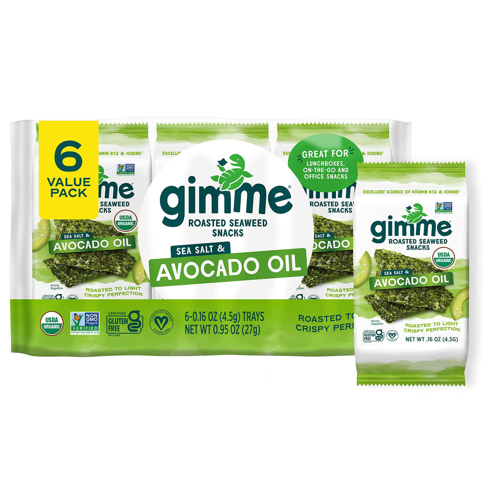 gimMe seaweed organic roasted seaweed sea salt avocado oil pack front, crisp and savory