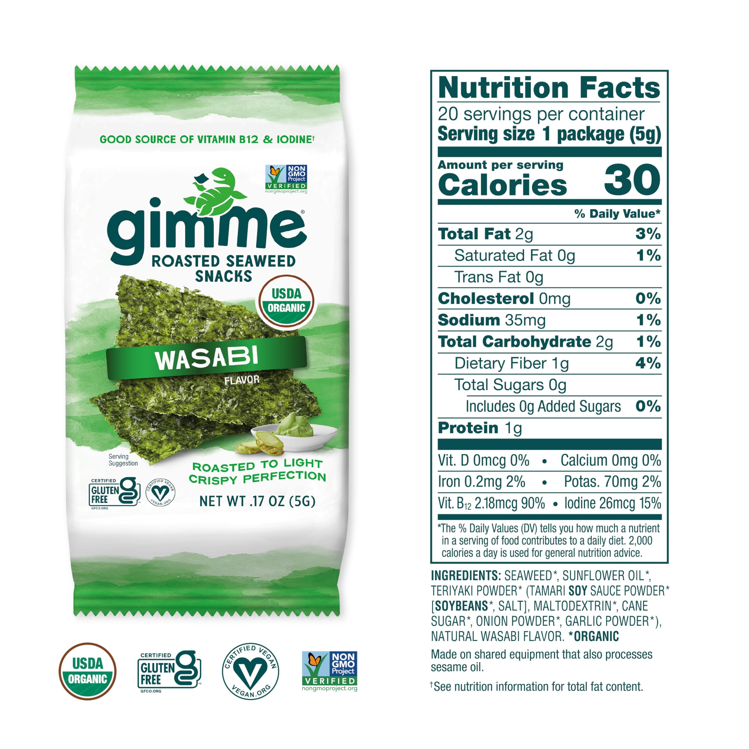 GimMe Seaweed Wasabi 20-pack back reveals nutrition details for vegans.