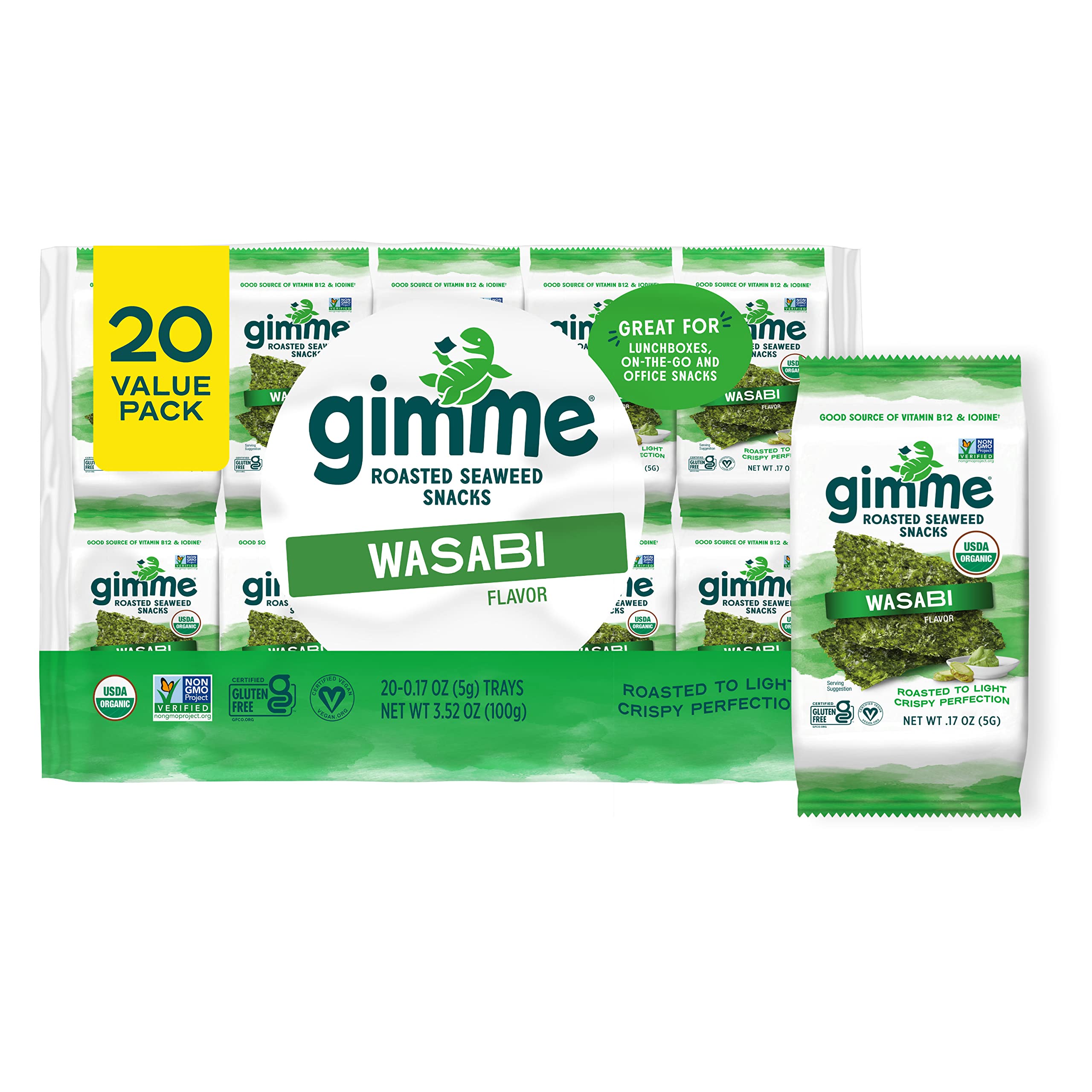 GimMe Seaweed Wasabi 20-pack front shows a keto-friendly, savory snack.