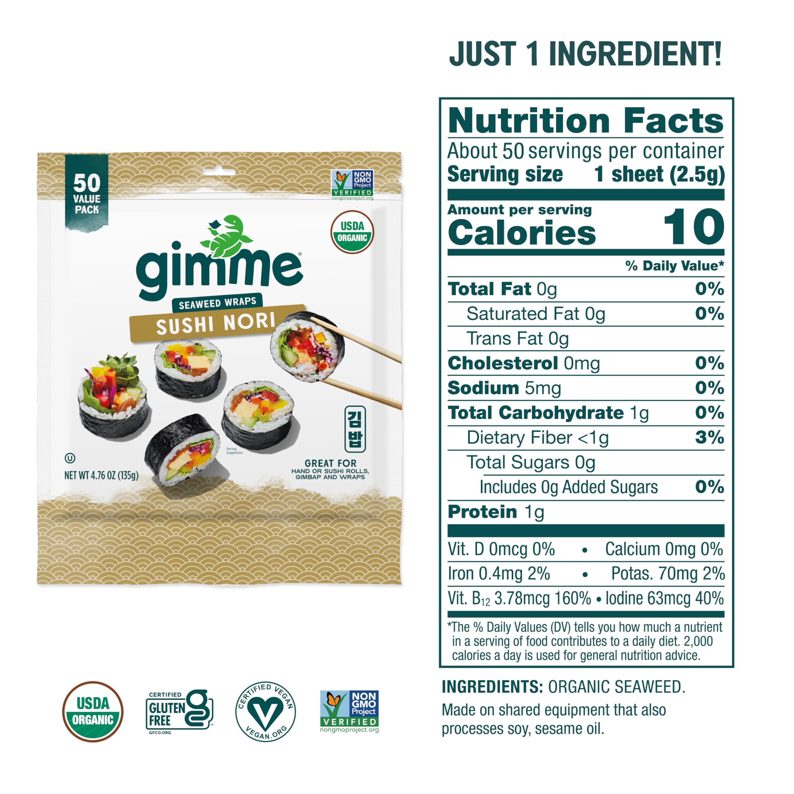 GimMe Seaweed Nori pack on counter; easy kitchen staple for rolls and snacks.