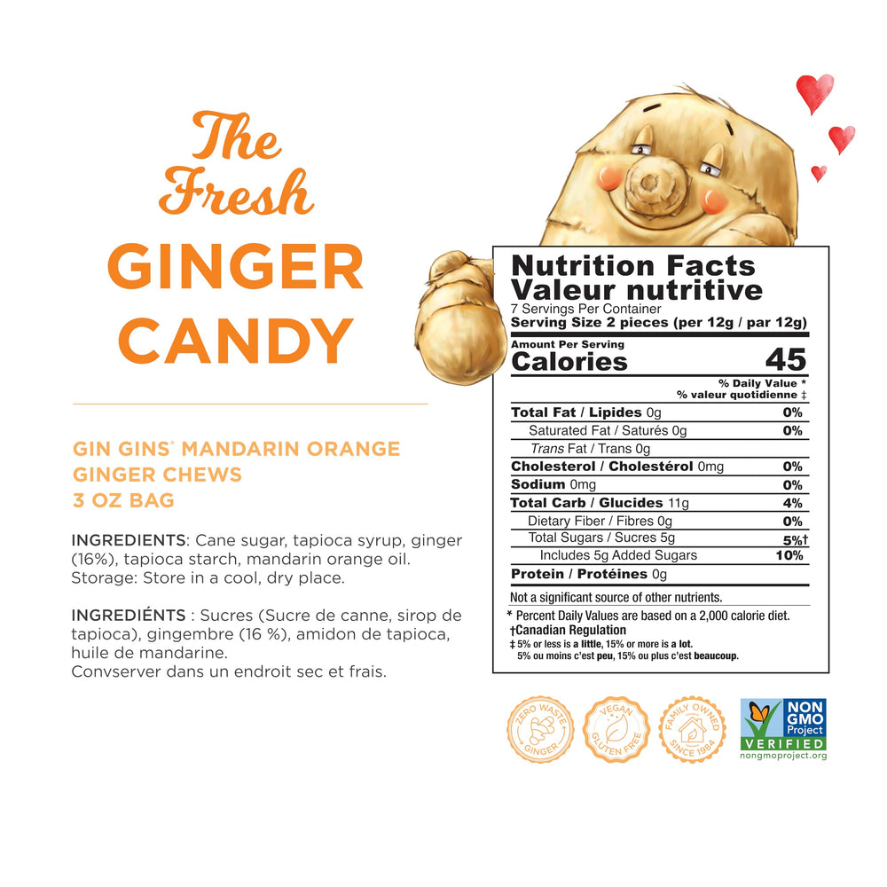 The Ginger People GIN GINS Mandarin Orange Chews on-the-go bag, travel-friendly flavor boost.