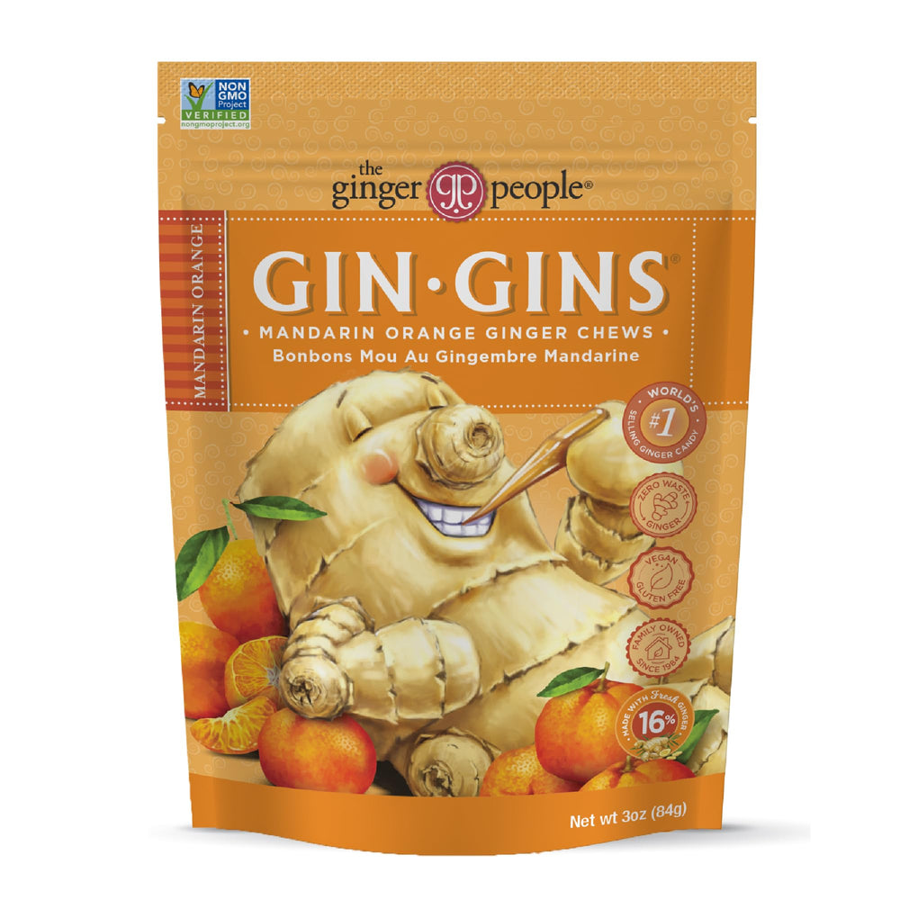 The Ginger People GIN GINS Mandarin Orange Chews product shot highlights citrus ginger flavor for on-the-go energy.