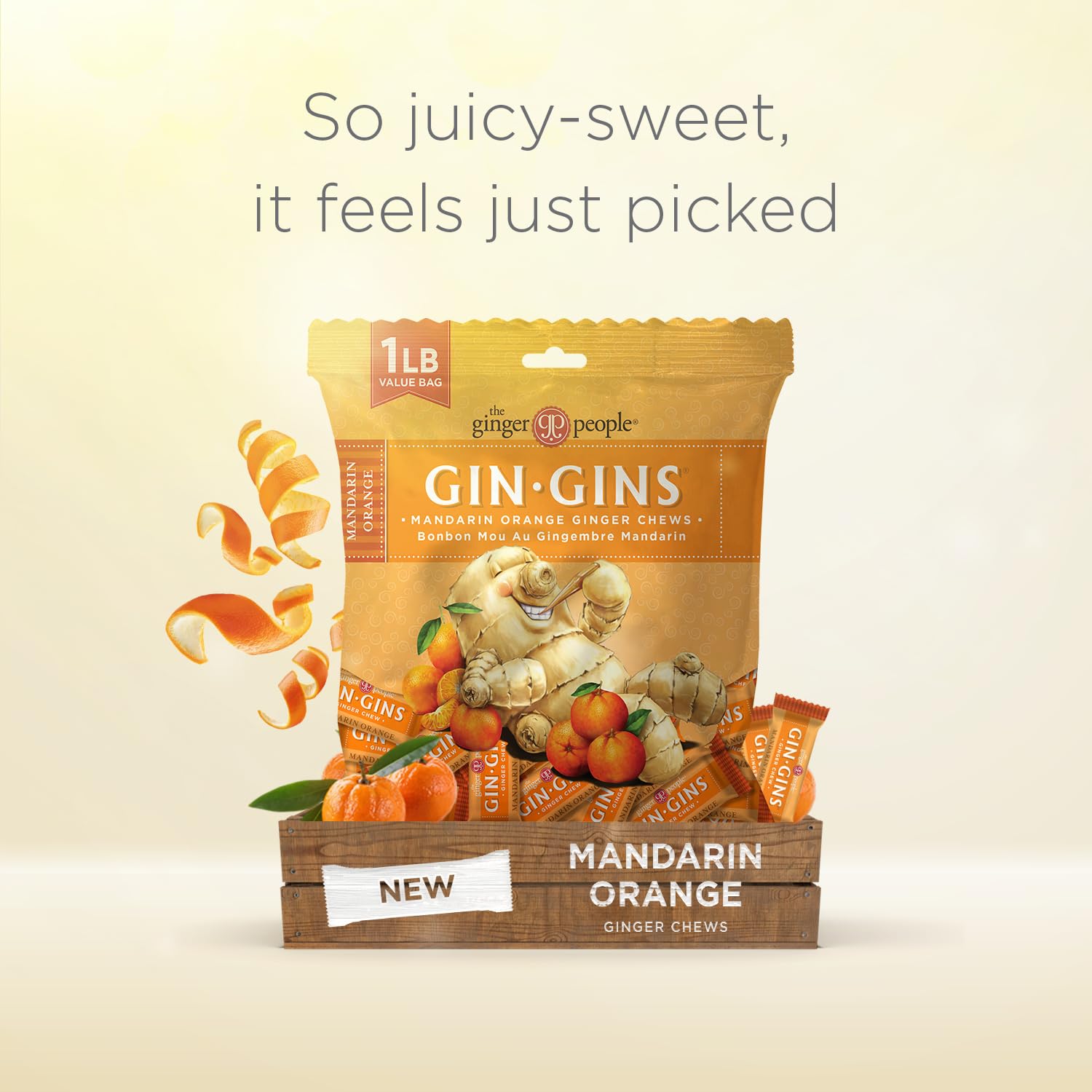 Mandarin orange flavored ginger chews showcased on a store shelf.
