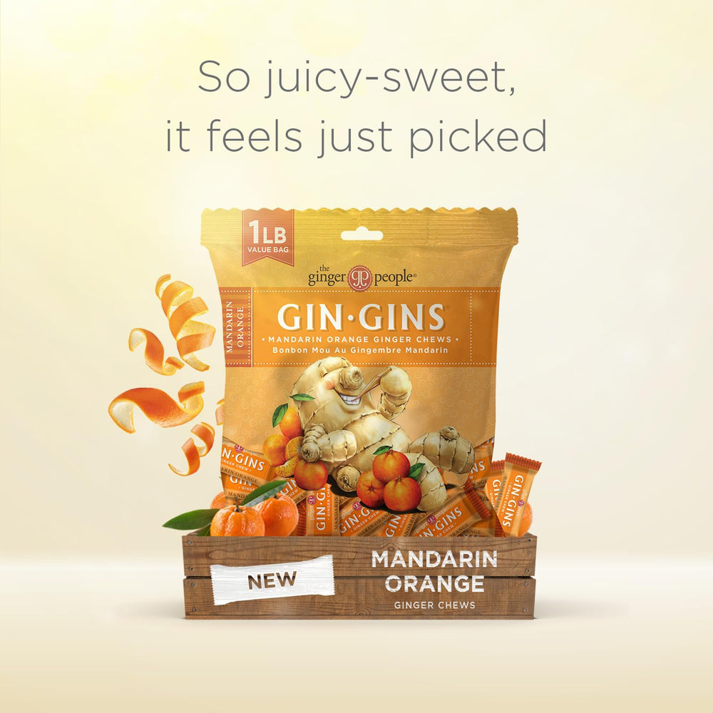 Mandarin orange flavored ginger chews showcased on a store shelf.