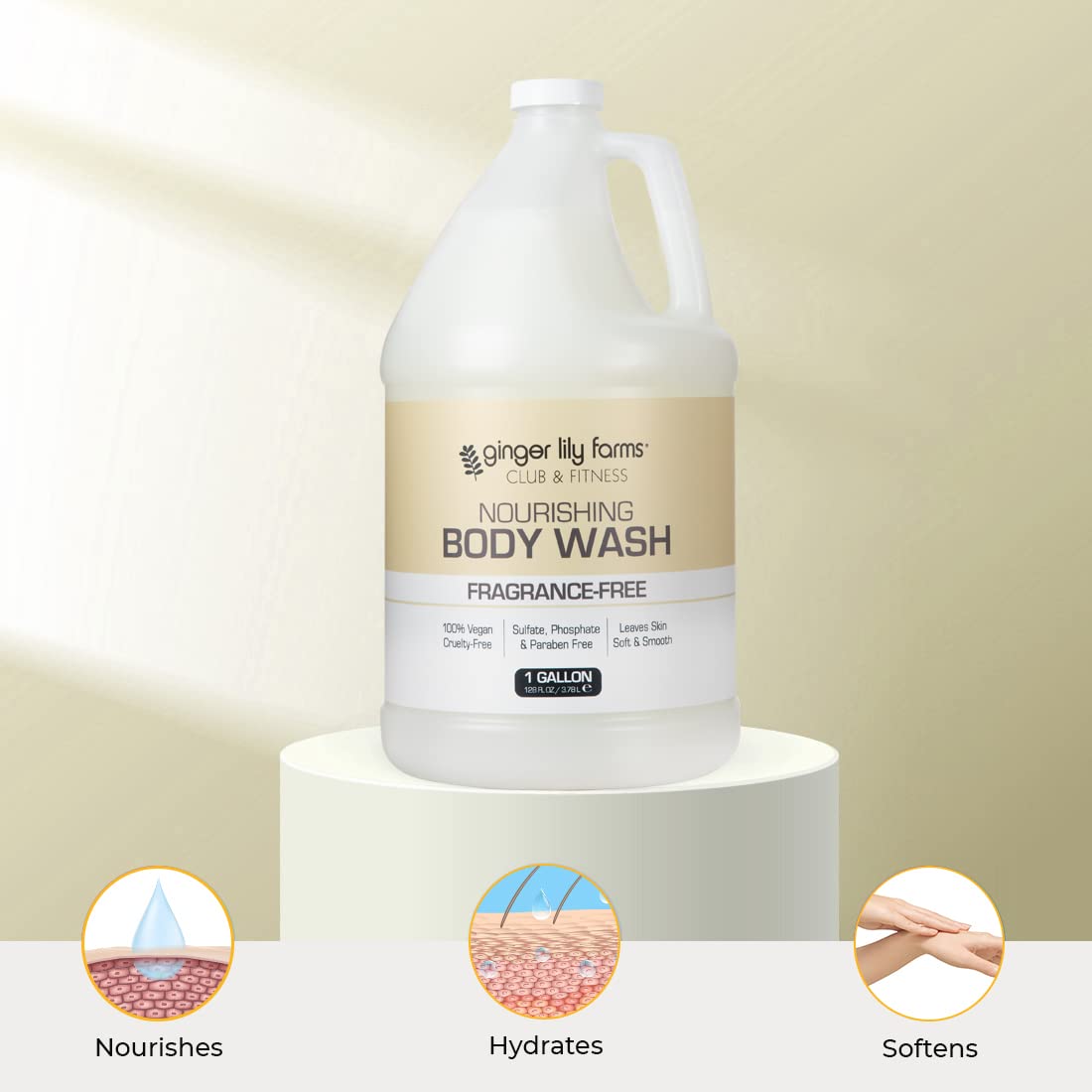 Ginger Lily Farms 1 gallon refill packaging designed for locker rooms and homes