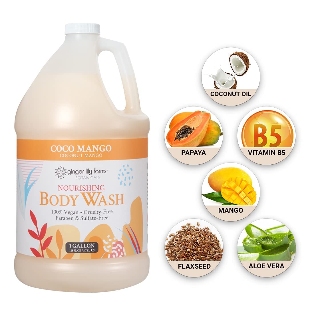 Vegan and cruelty-free badge on Ginger Lily Farms Botanicals Coco Mango packaging.