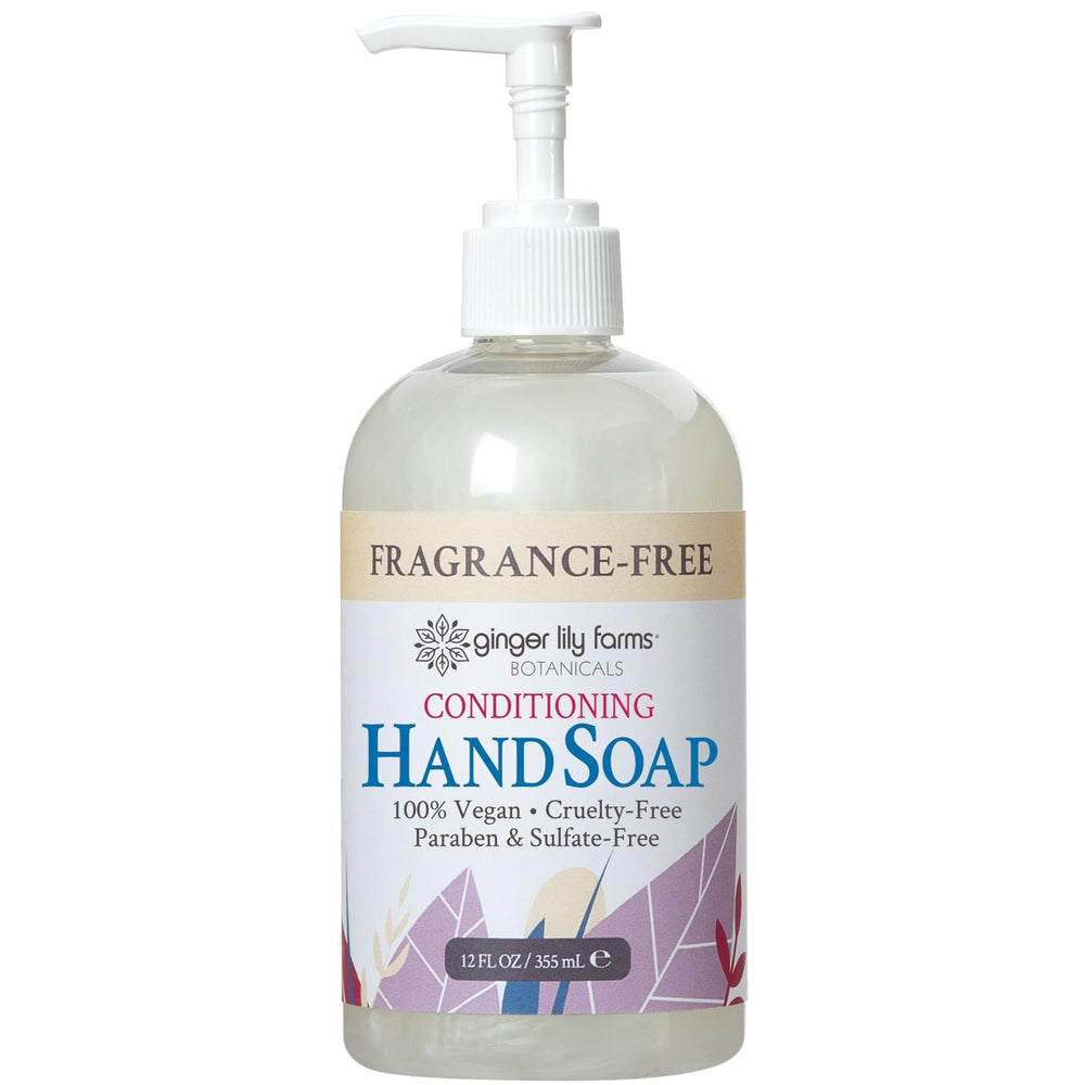 Ginger Lily Farms hand soap bottle with pump delivers fragrance-free cleansing.