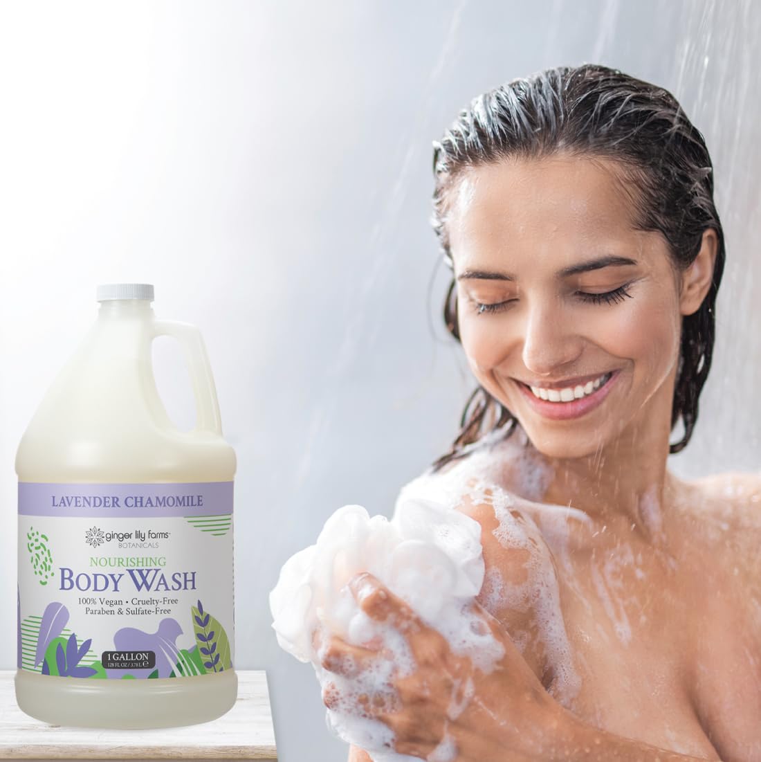 Ginger Lily Farms 1-gallon refill shown for eco-friendly gym and spa showers