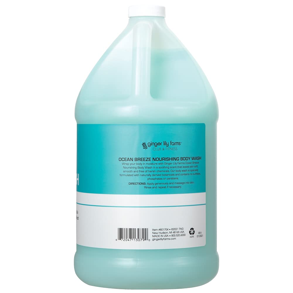 Ginger Lily Farms Club and Fitness Ocean Breeze bottle closeup showing creamy lather